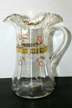 Vintage Hand Blown Glass Ruffle Edge Painted Gilded Beverage Pitcher 9&quot; Unmarked - £33.23 GBP