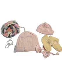 Vintage Baby Clothes Lot Booties Bonnets Hats Pink Yellow Crocheted Doll Clothes - £11.80 GBP