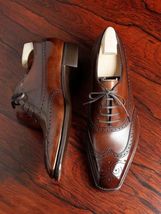 Handmade Men&#39;s Brown Brogue Leather Oxford Wingtip Lace up Formal Dress Shoes - £101.77 GBP