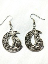 Celtic Wolf In Crescent Moon With Pentagram Large Pair Of Alloy Earrings - £7.96 GBP