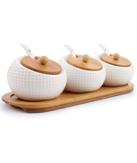 Porcelain Condiment Jar Spice Container with Lids - Bamboo Cap Holder Sp... - $30.15