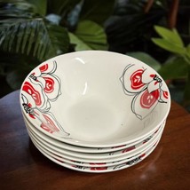 Rare Oneida BRIELLE 6-Bowls Soup/Cereal White Porcelain Red &amp; Black Fower - £61.50 GBP