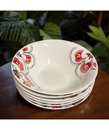 Rare Oneida BRIELLE 6-Bowls Soup/Cereal White Porcelain Red &amp; Black Fower - £62.29 GBP