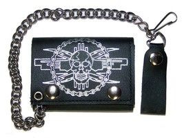 Skull Motorcycle Chain Trifold Biker Wallet W Chain Mens Leather #611 New - £7.55 GBP