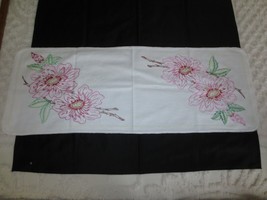 Vtg. LARGE FLORAL EMBROIDERED White RUNNER w/Crocheted Edges - 14&quot; x 38&quot; - $12.00