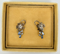 Vintage Sterling Silver Screw Back Flower Blue Rhinestone Earrings in Box PB74 - £72.37 GBP