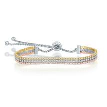 Tri-color Sterling Silver Three Strand Clear CZ Tennis Adjustable Bolo Bracelet - £75.75 GBP