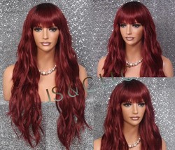 Burgundy Mixed Human Hair Blend Wig Long Looose Wavy Center Mono Hand Tide Dot C - $89.95