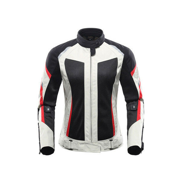 Women Black White Cont Motorcycle Red Stripes Genuine Leather Safety Pads Jacket