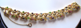 Vintage Signed Coro Multi-color Rhinestone Bracelet W/Safety Chain 7.5&quot; - £23.36 GBP