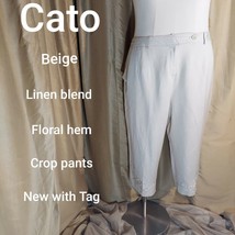 New Cato Beige Linen Blend Crop Floral Hem Pants Size 20W - £10.98 GBP