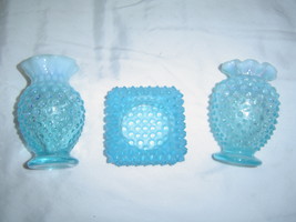 Fenton Ruffled Capri-Blue Glass Hobnail Vases and Square Votive Candle Holder   - £30.88 GBP