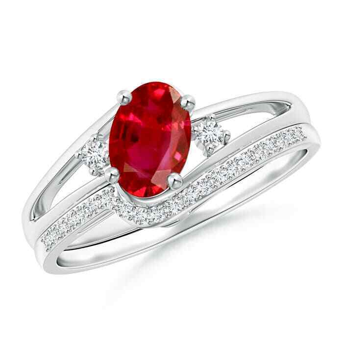 Primary image for ANGARA Oval Ruby and Diamond Wedding Band Ring Set in 14K Solid Gold