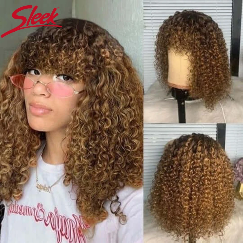 Sleek Human Hair Wigs For Women Afro Kinky Curly Wigs With Bangs Ombre Color - £34.71 GBP+