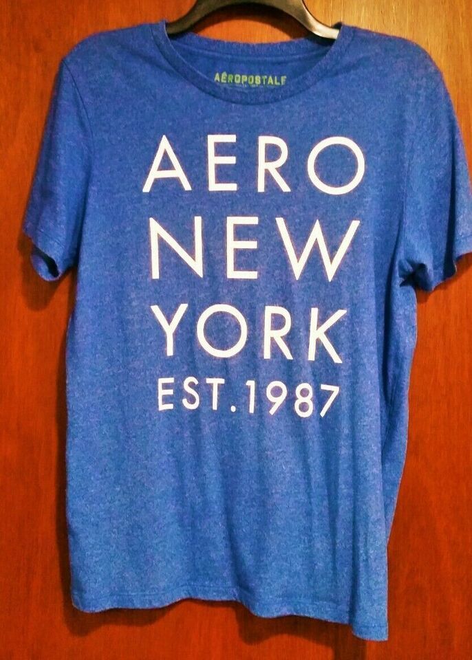 Aeropostale Men's Size M/M Heather Blue T-shirt White Aero NY 1987 40" Chest - $8.00
