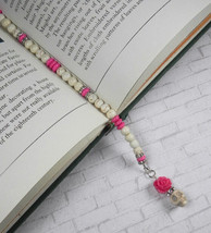 Skull Rose Beaded Thong Bookmark Howlite Rhinestone Handmade White Pink New - £15.10 GBP