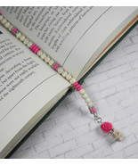 Skull Rose Beaded Thong Bookmark Howlite Rhinestone Handmade White Pink New - $15.98