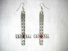 Wicked Skulls Inverted Cross with Red Crystal Pewter Huge 3.5&quot; Pendant Earrings - £16.02 GBP