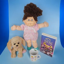 Cabbage Patch Kids CPK Girl Doll Brown Hair Blue Eyes Lot Adoptimals Dog Mug VHS - £51.42 GBP