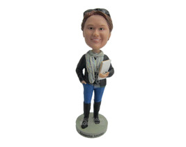 Custom Bobblehead Lady Wearing A Long-Sleeved T Shirt And Jeans With Lon... - £70.03 GBP