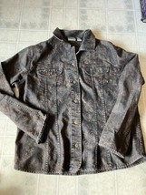 Chico&#39;s Jean Jacket Size 2 Large brown Floral Print Stretch Denim Button Front - £21.87 GBP