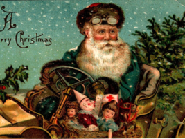 Santa Claus Christmas Postcard Blue Coat Jalopy Automobile Car Toys Doll Germany - £19.74 GBP