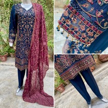 Pakistani Navy Blue 3pcs Fancy  Chiffon Dress with embroidery &amp; Squins work,M - £93.41 GBP