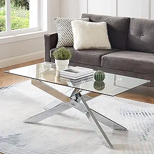 Rectangle Modern Coffee Table, Tempered Glass Top And Metal Tubular Leg,... - $239.99