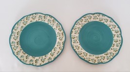 2 Pioneer Woman Teal Timeless Floral 10.5&quot; Dinner Plates Stoneware Scalloped Lot - £20.11 GBP