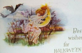 Halloween Fantasy Postcard Spirit Ghost Running With Moon Gibson Unused Original - £126.79 GBP