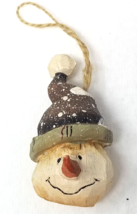 Snowman Head Christmas Ornament Olive Brown Cap Snow Covered 1990s Vintage - $12.30