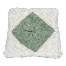 Crochet Handmade Green Flower Throw Pillow Cover White Cottage Granny Core 18&quot; - £24.25 GBP