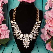 Unsigned Clear Crystal White Lucite Rhinestone Brass Tone Choker Necklace - £14.90 GBP