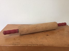Vintage Wooden Manual Dough Rolling Pin Red Handles Baking Farmhouse Dec... - $24.99