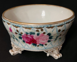 Antique Nippon Style Hand Painted Roses Beaded Gold Gilt Footed Ferner Bowl - £51.21 GBP