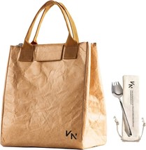 Tyvek Aesthetic Insulated Brown Lunch Bag Water-Resistant w Spork NEW - $28.69