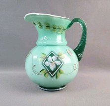 Fenton Glass 75th Year Diamond Jubilee Celebration Green Pitcher Floral Vase - £35.78 GBP