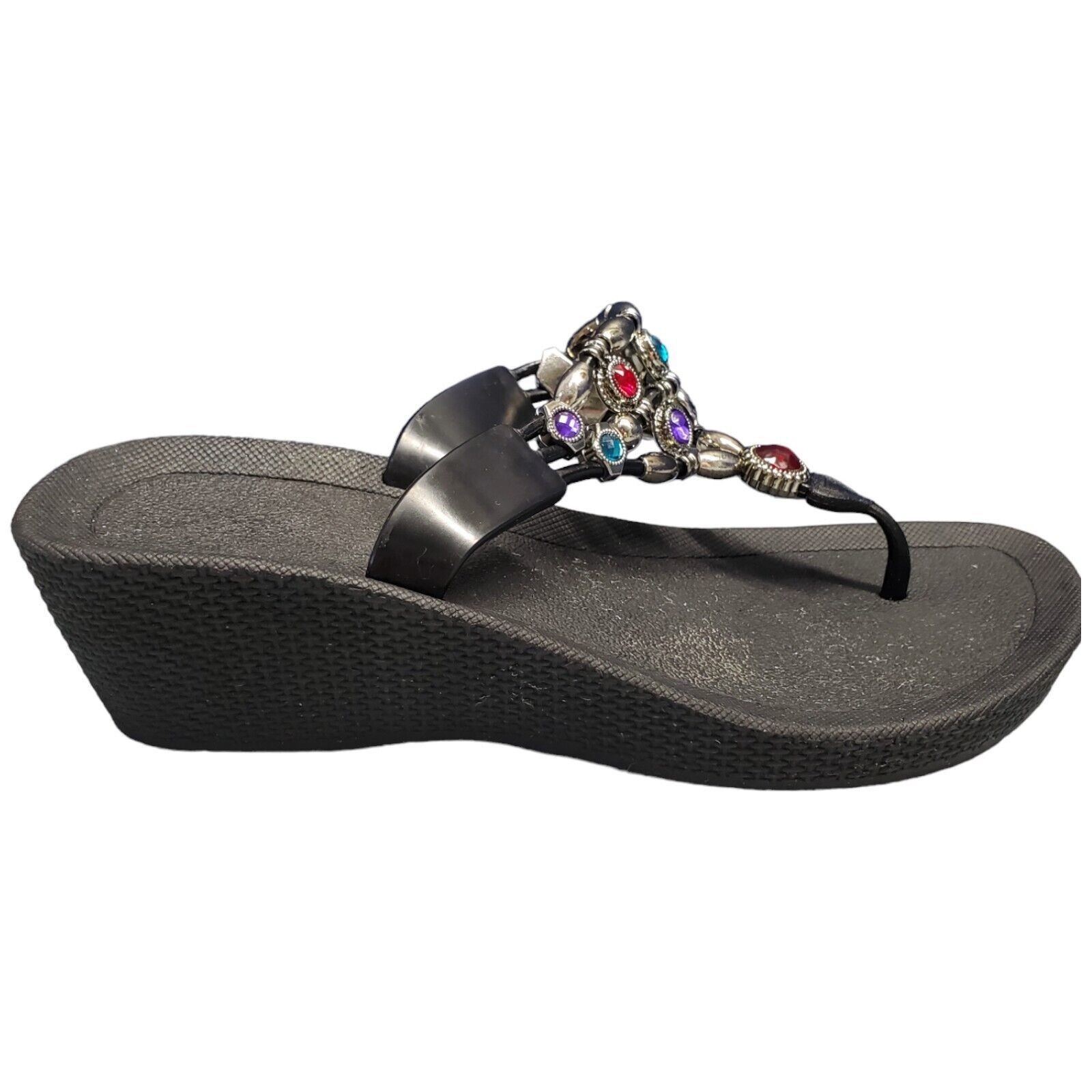 Womens Beaded Thong Wedge Sandals Size 7 Black Rubber Sole Slip On HY-315 - $18.49