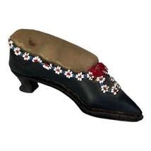 Antique Victorian Folk Art Wood Shoe Sewing Pin Cushion Beaded Hand Carved 5&quot; - £74.40 GBP