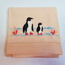 Penguins Embroidered Peach Dresser Scarf  18&quot;x13&quot; Vintage - £7.41 GBP