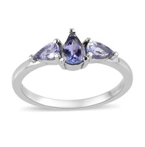 Natural Tanzanite Engagement Ring, Pear Shape Three Stone 14K White Gold Plated - £64.58 GBP