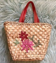 Small Straw Tote Red Accents 7x6x3.5” Spring Easter Kids Girls Woven Floral Bag - £6.33 GBP