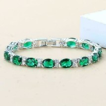 9.60Ct Simulated Emerald &amp; Diamonds 14k White Gold Plated Silver Tennis Bracelet - £158.05 GBP