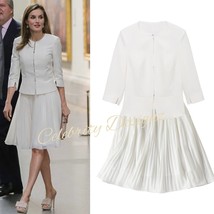 Queen Letizia Inspired Ivory Collarless Peplum Jacket &amp; Knife Pleated Skirt Set - £102.87 GBP