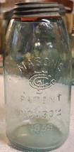 Vintage Mason&#39;s 1/2 gallon blue canning jar with zinc lid Patent Nov. 30th  1858 - £37.59 GBP