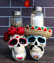 Day Of The Dead Sugar Skulls Roses And Sombrero Hat Salt &amp; Pepper Shaker... - $24.99