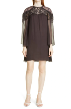 REBECCA TAYLOR Women&#39;s Long Sleeve Lace Yoke Silk Chiffon Dress In Peat ... - £46.77 GBP