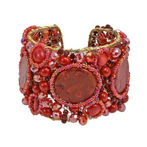 Gorgeous Red Coral Oval Slab Festive Stone Mesh Cuff - £36.73 GBP