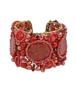 Gorgeous Red Coral Oval Slab Festive Stone Mesh Cuff - £37.13 GBP