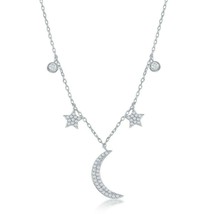 Sterling Silver Bezel-Set CZ Crescent Moon and Star Charms Necklace - £34.35 GBP